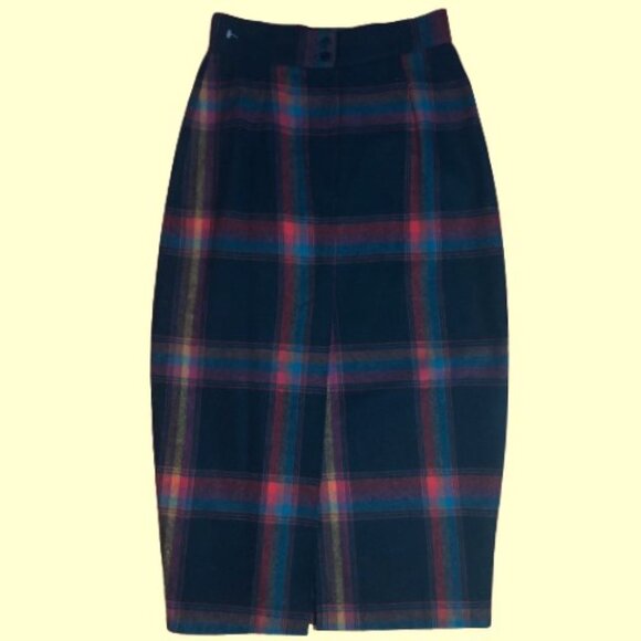 Vintage pencil fitted wool blend tartan plaid high waist midi skirt - Picture 10 of 15